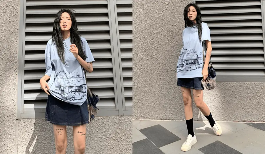 Phối áo thun cổ tròn với Chân váy